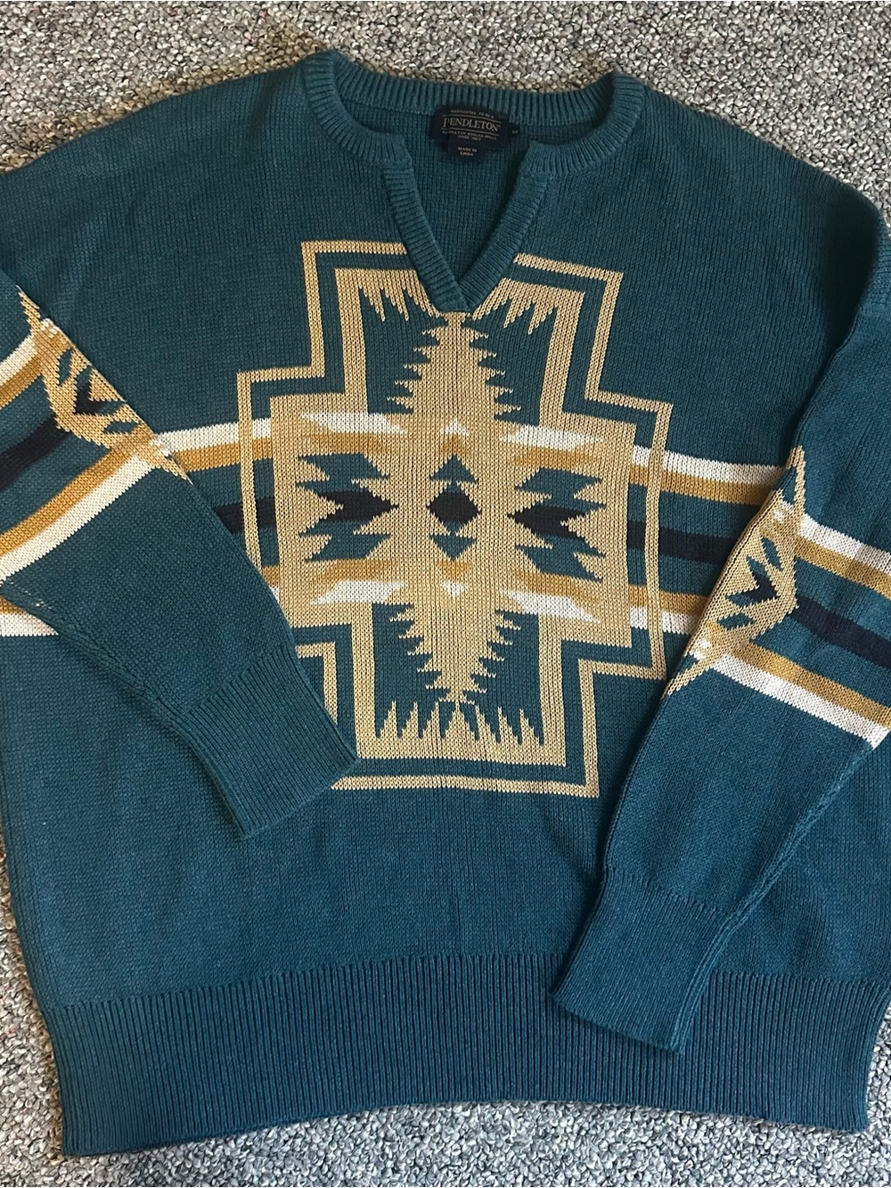 Pendleton Teal and Tan Geometric V-Neck Sweater